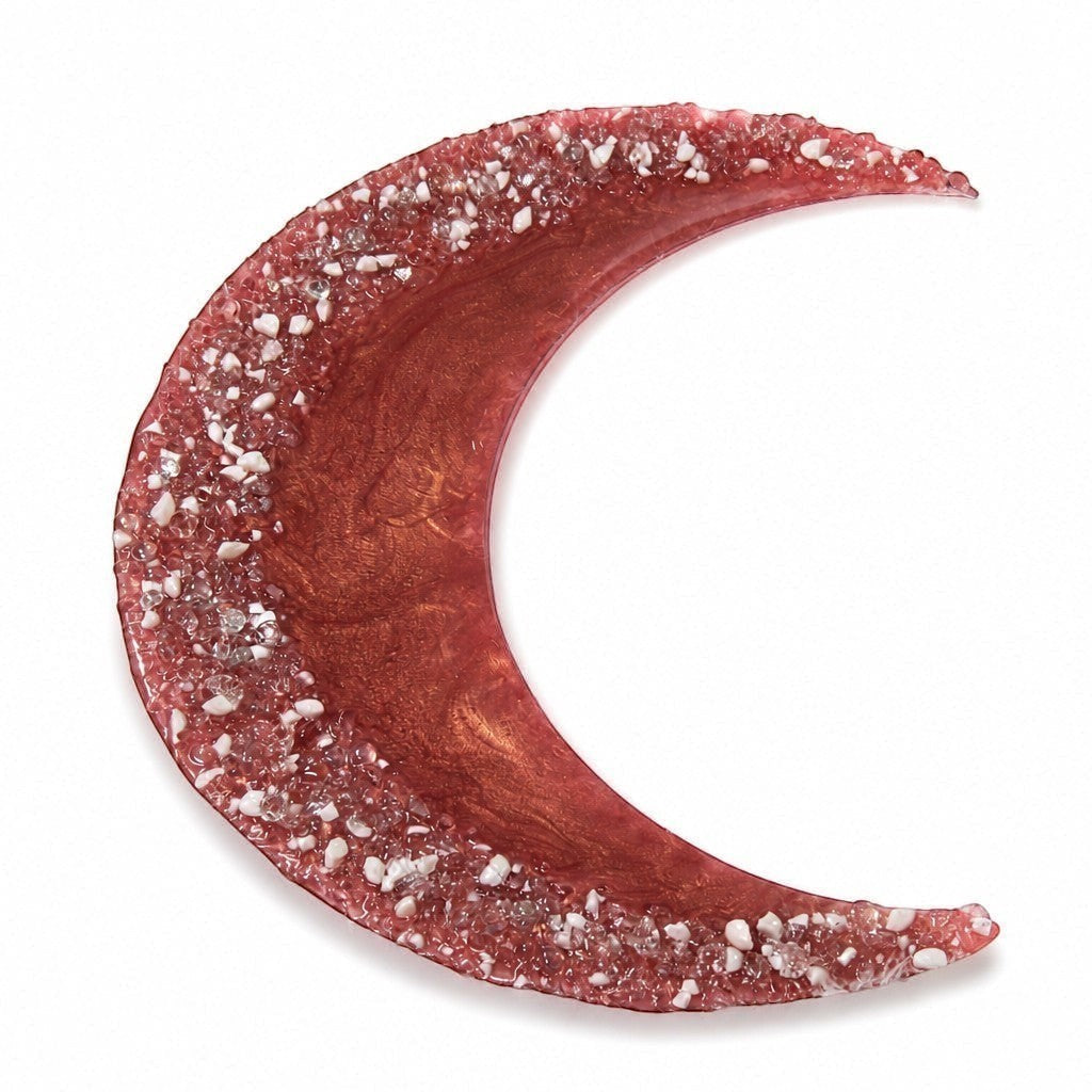 With Love by Leilani Moonstone Rosé crescent moon wall art in rose gold resin with crushed glass and natural stone.