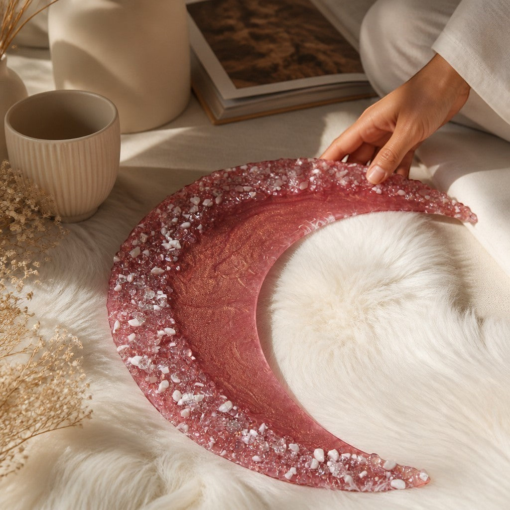 With Love by Leilani Moonstone Rosé crescent moon wall art in rose gold resin with crushed glass and natural stone.